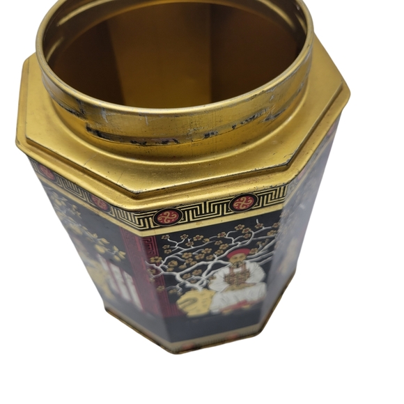 Vintage Oriental ASIAN GEISHA Style Tea Tin Storage Container Octagonal - Picture 11 of 14